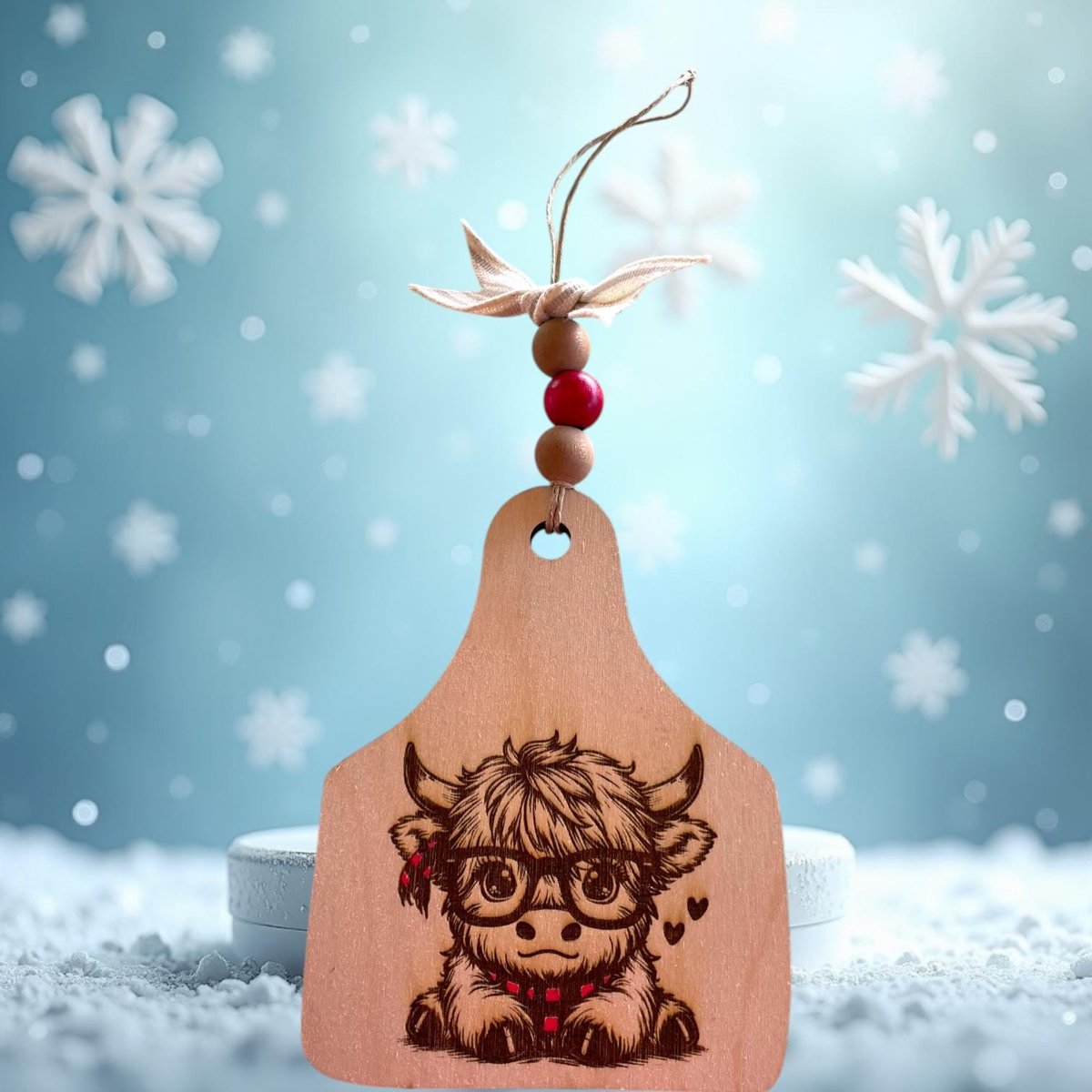 Wooden Cow Tag with cute Highland with Glasses tag