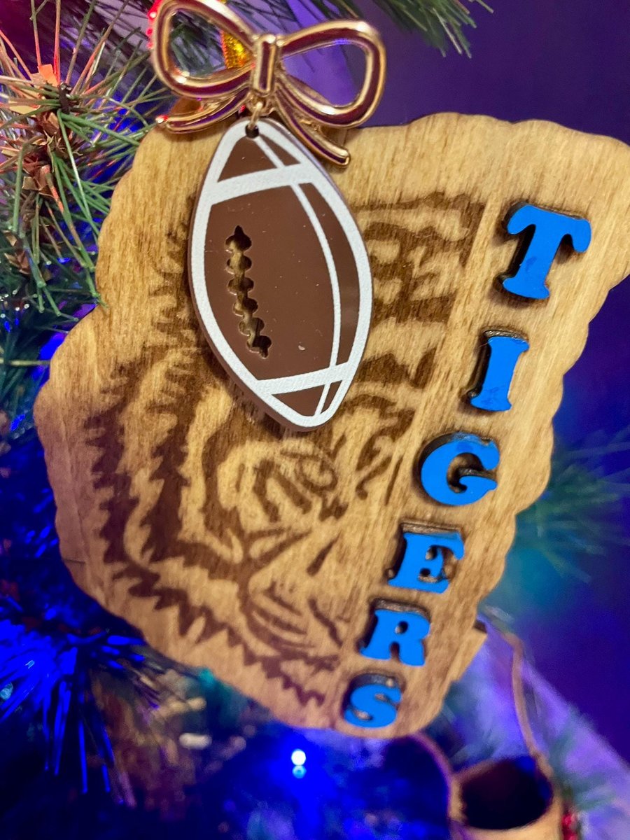Wood Custom Engraved Tigers Christmas Holiday Ornament with football