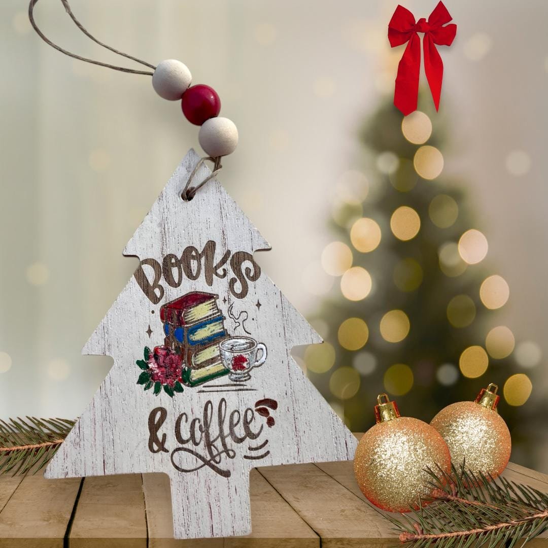 Books & Coffee Ornament – Rustic MDF Christmas Tree Ornament for Book Lovers, Reader Gift, Coffee Lover Decor, Bookworm Holiday Ornament