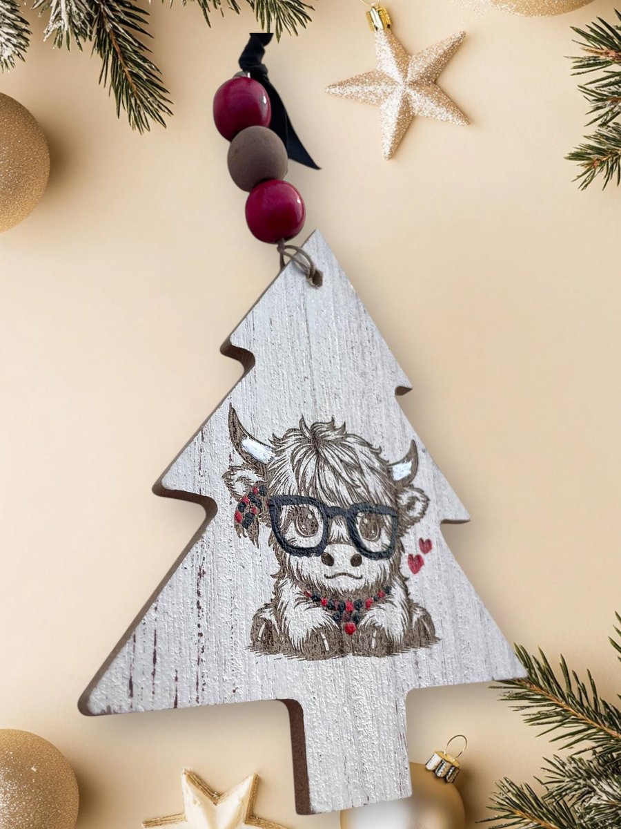 Festive Little Cow with Glasses on Christmas Tree Shaped MDF Christmas Ornament