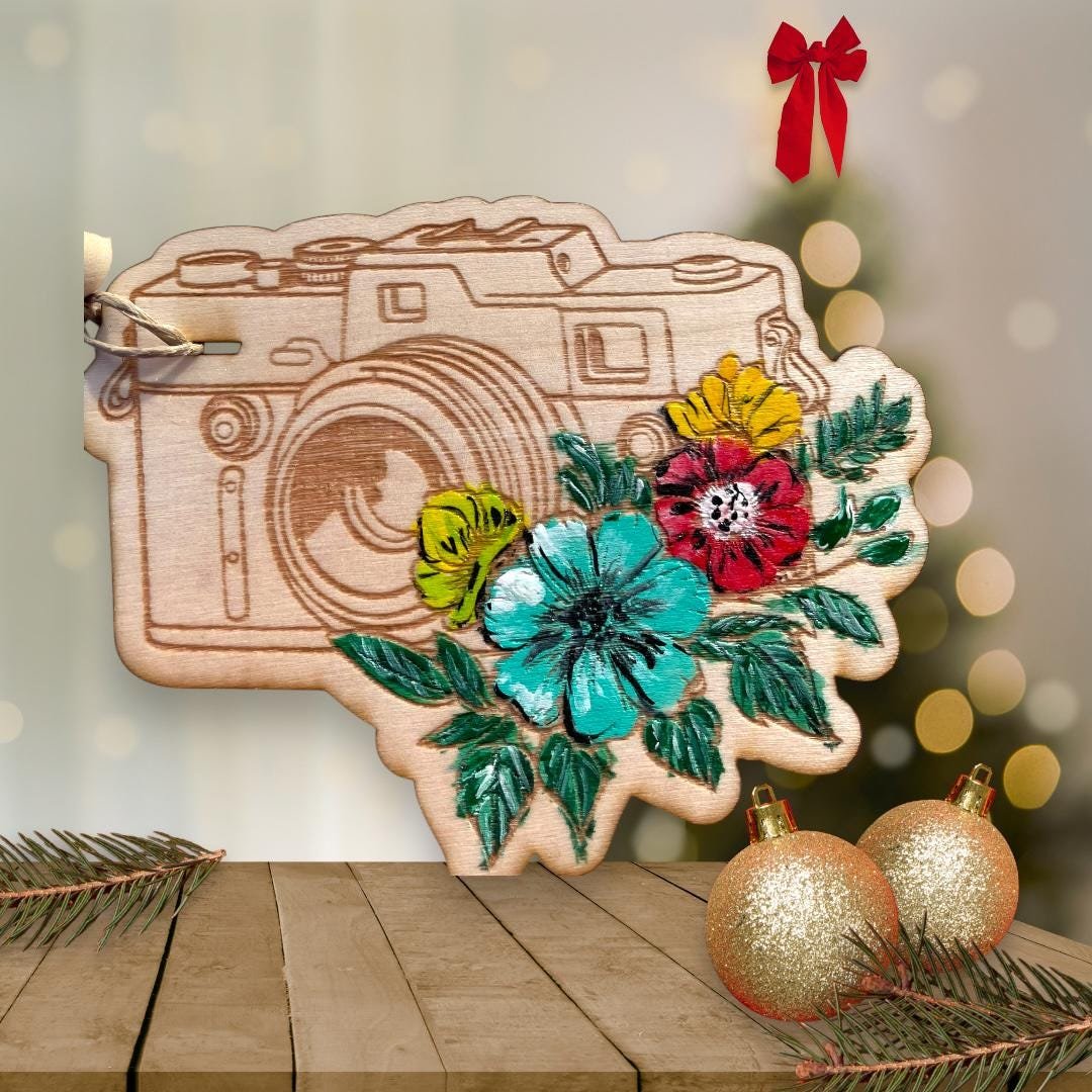 Floral Camera Design Photographer Wooden Hand Painted Christmas Tree Ornament