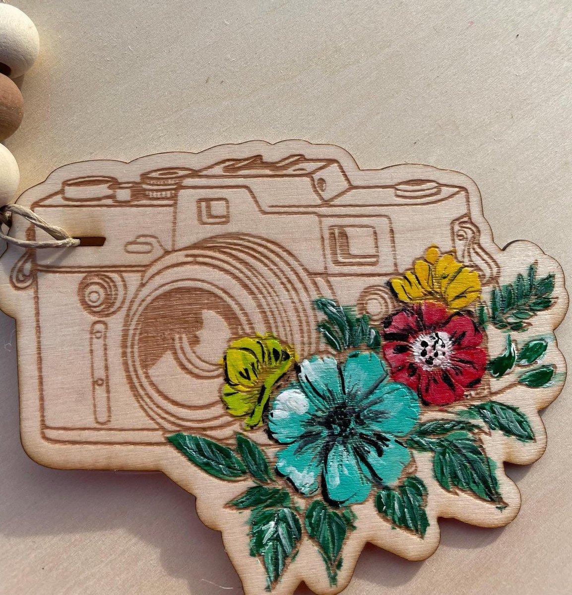 Floral Camera Design Photographer Wooden Hand Painted Christmas Tree Ornament