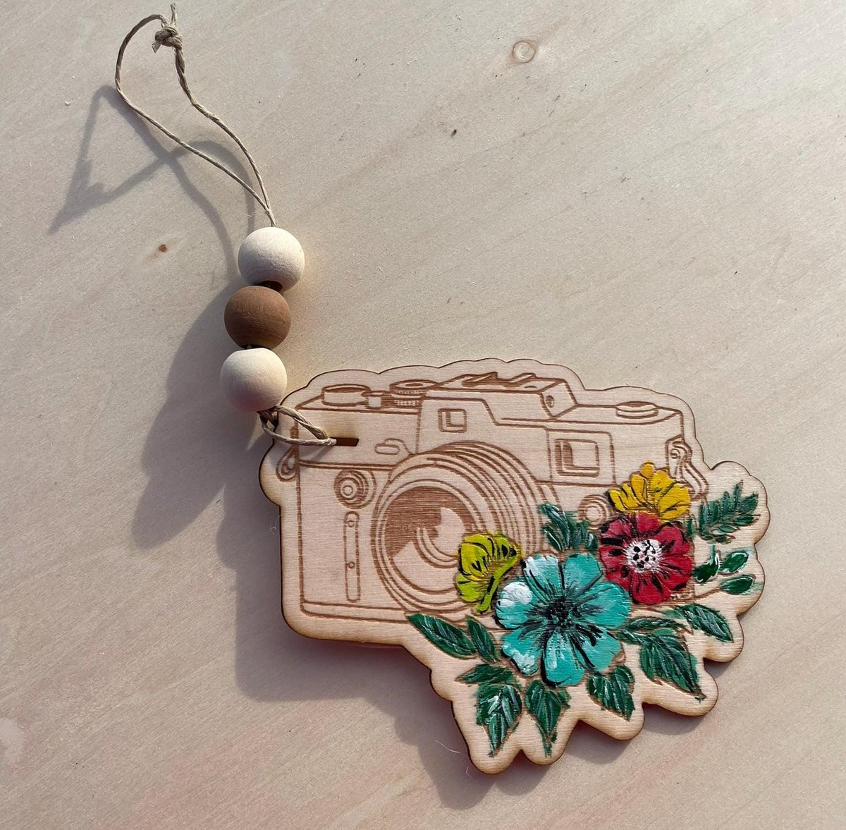 Floral Camera Design Photographer Wooden Hand Painted Christmas Tree Ornament