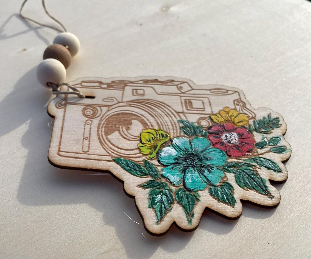 Floral Camera Design Photographer Wooden Hand Painted Christmas Tree Ornament