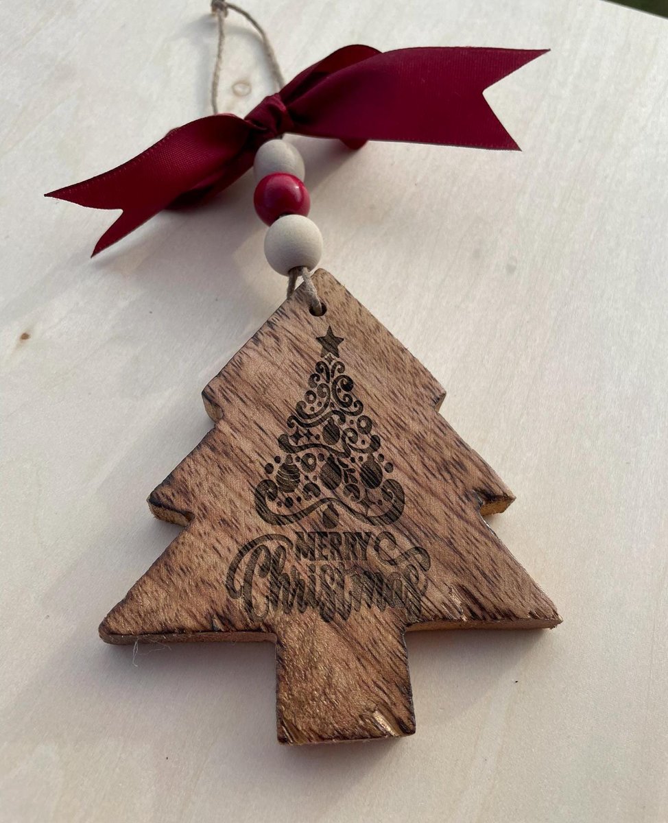 Rustic Wooden Christmas Tree Ornament “Merry Christmas” Engraved Tree w/ Red Bow & Beaded Hanger | Farmhouse Holiday Décor | Wooden Tree Tag