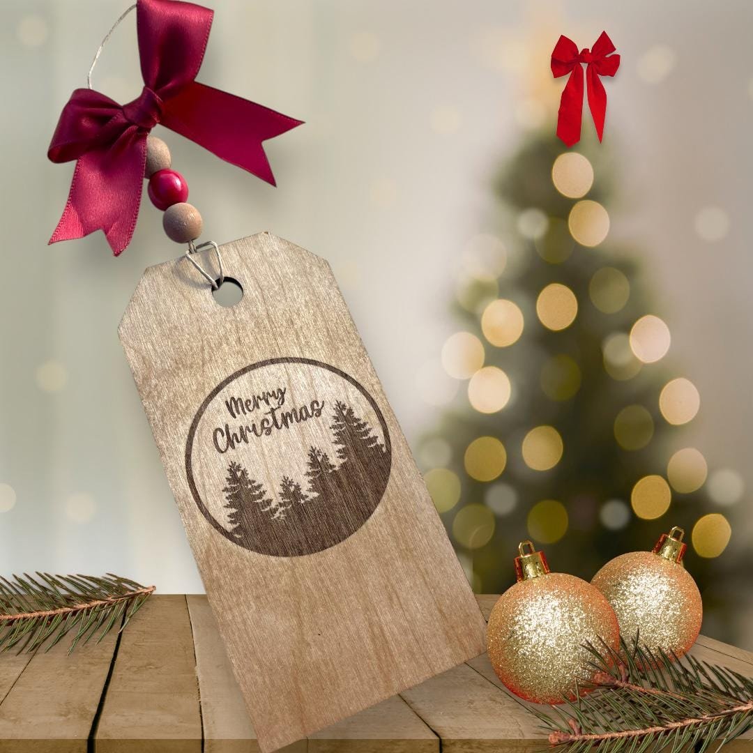 Personalized Stained Wooden Christmas Gift Tag - Tree Landscape