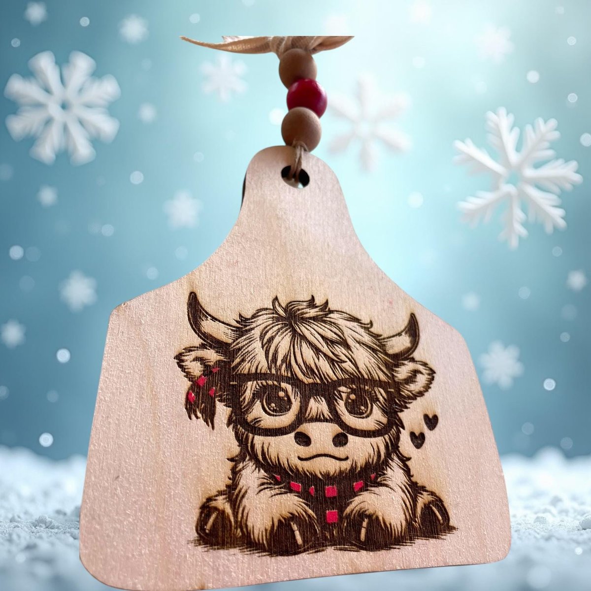 Wooden Cow Tag with cute Highland with Glasses tag