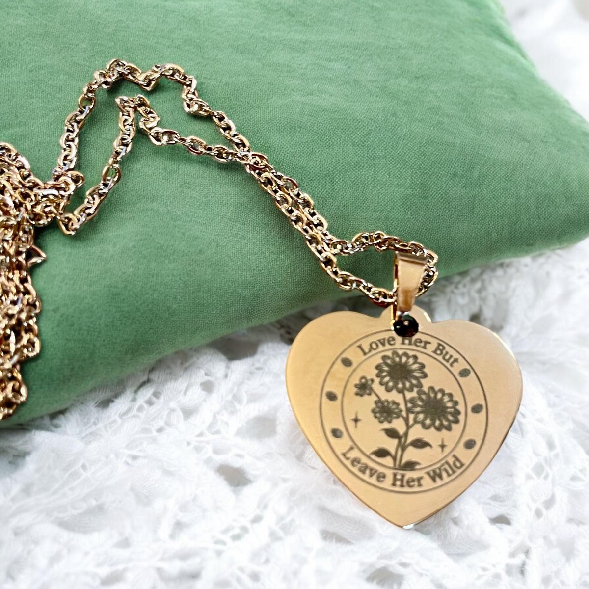 Love Her but Leave Her Wild Necklace – Heart Pendant Engraved Jewelry – Boho Flower Necklace – Inspirational Gift for Women