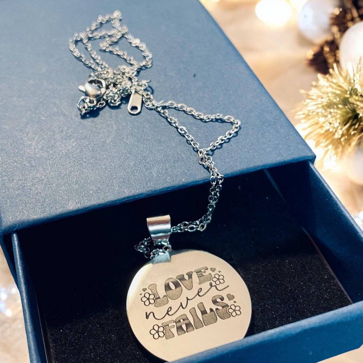 Custom Round Engraved Women's Necklace Stainless Steel Jewelry Gift for Her Daughter Mom Girlfriend Love Never Fails Boho