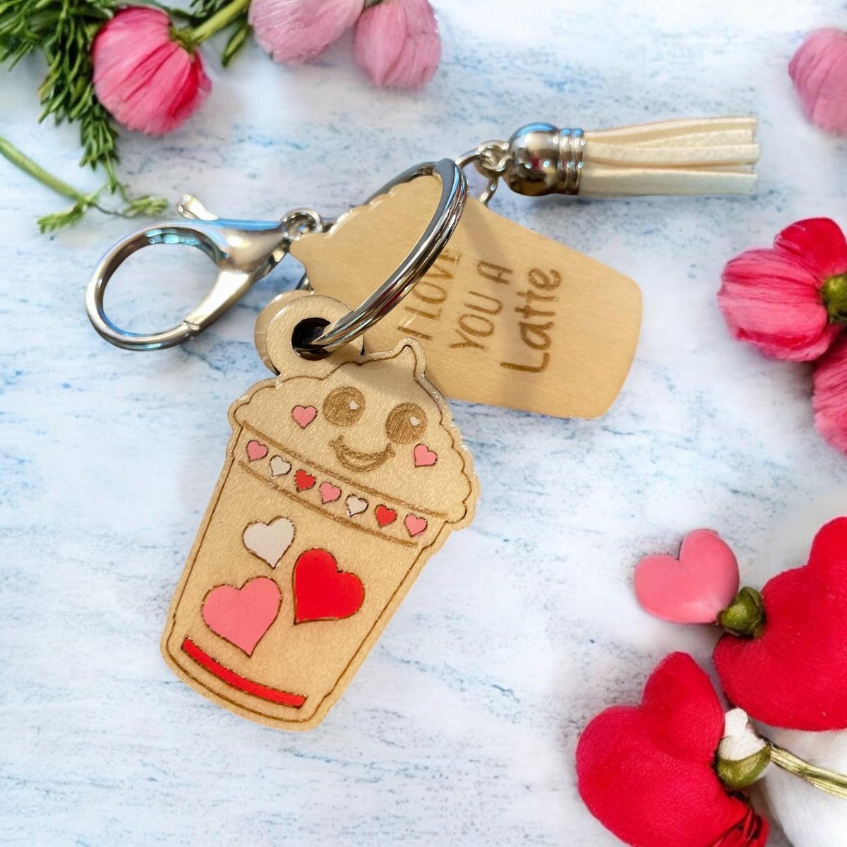 Wood Funny Food Valentine Keychains Waffle Donut Jam Latte