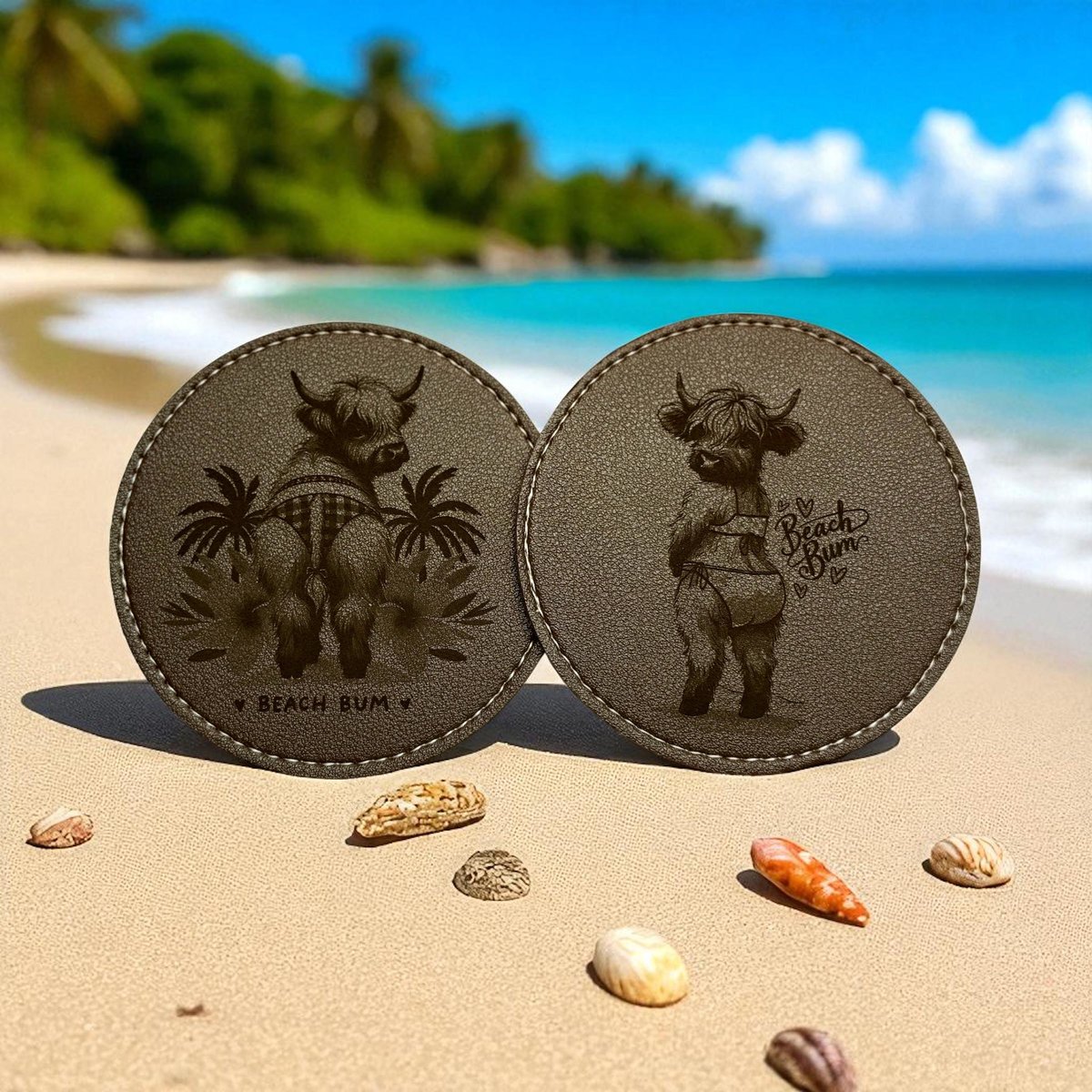 Round Faux Leather Coaster Set with Engraved Custom Beach Themed Animals, Custom Coasters - Custom Gifts, Engraved Beach Coasters