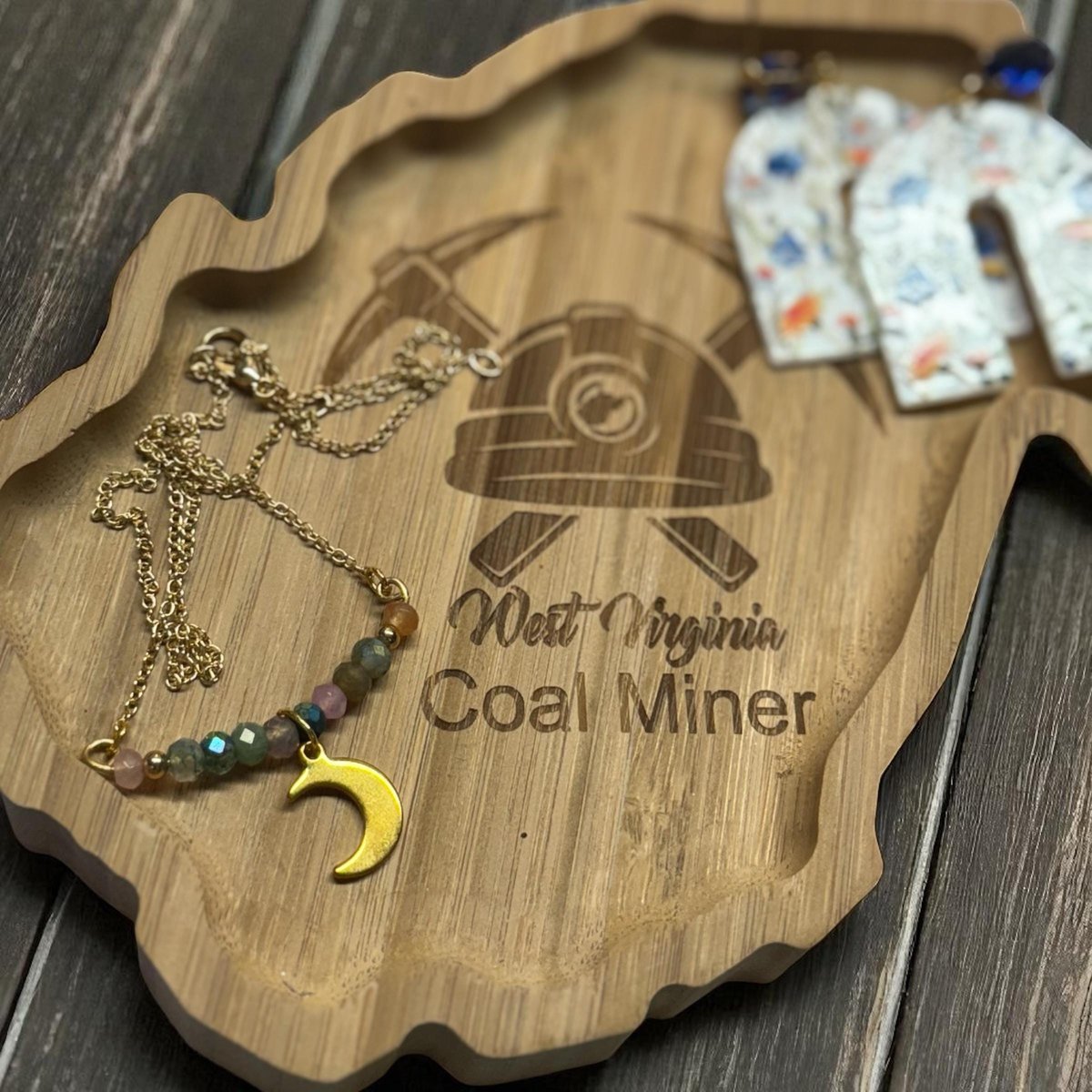 West Virginia State Shape Bamboo Catchall Tray, Jewelry Tray, Coal Miner