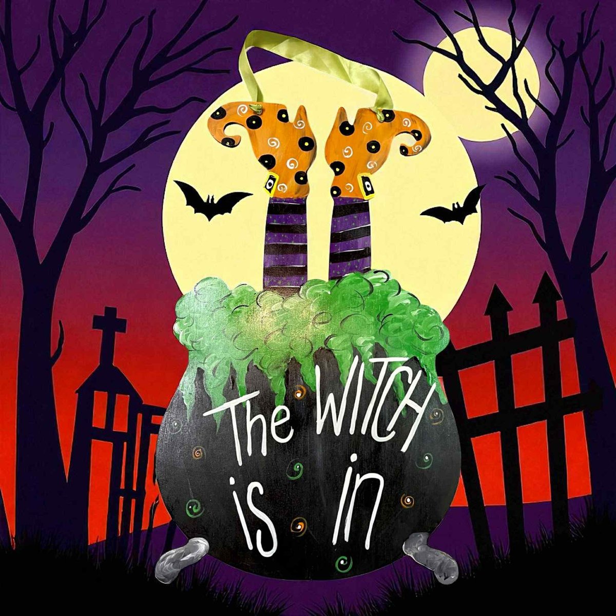 The Witch Is In Door Hanger – Halloween Cauldron with Witch Feet Sign – Spooky Front Door Décor – Handmade Halloween Decoration