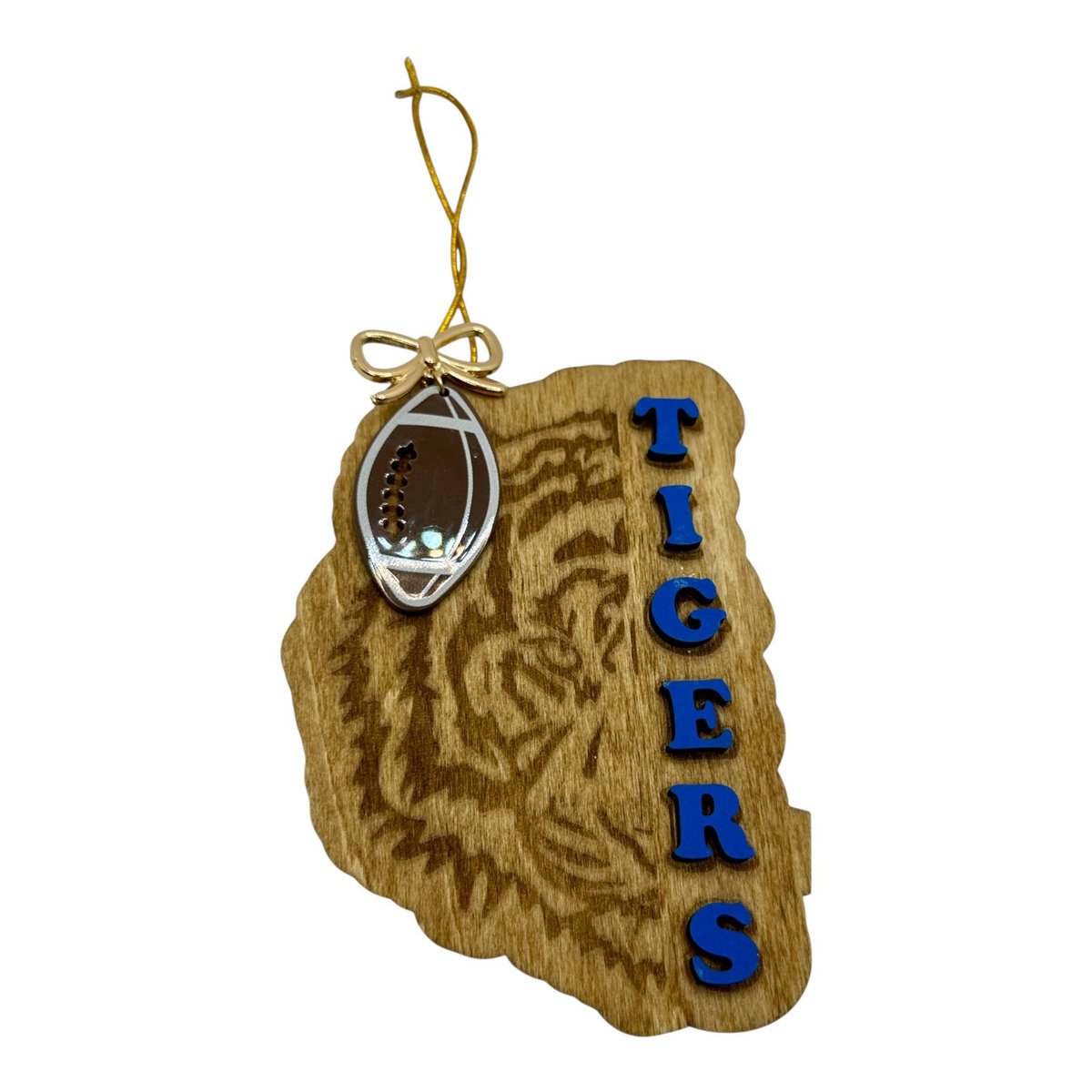 Wood Custom Engraved Tigers Christmas Holiday Ornament with football
