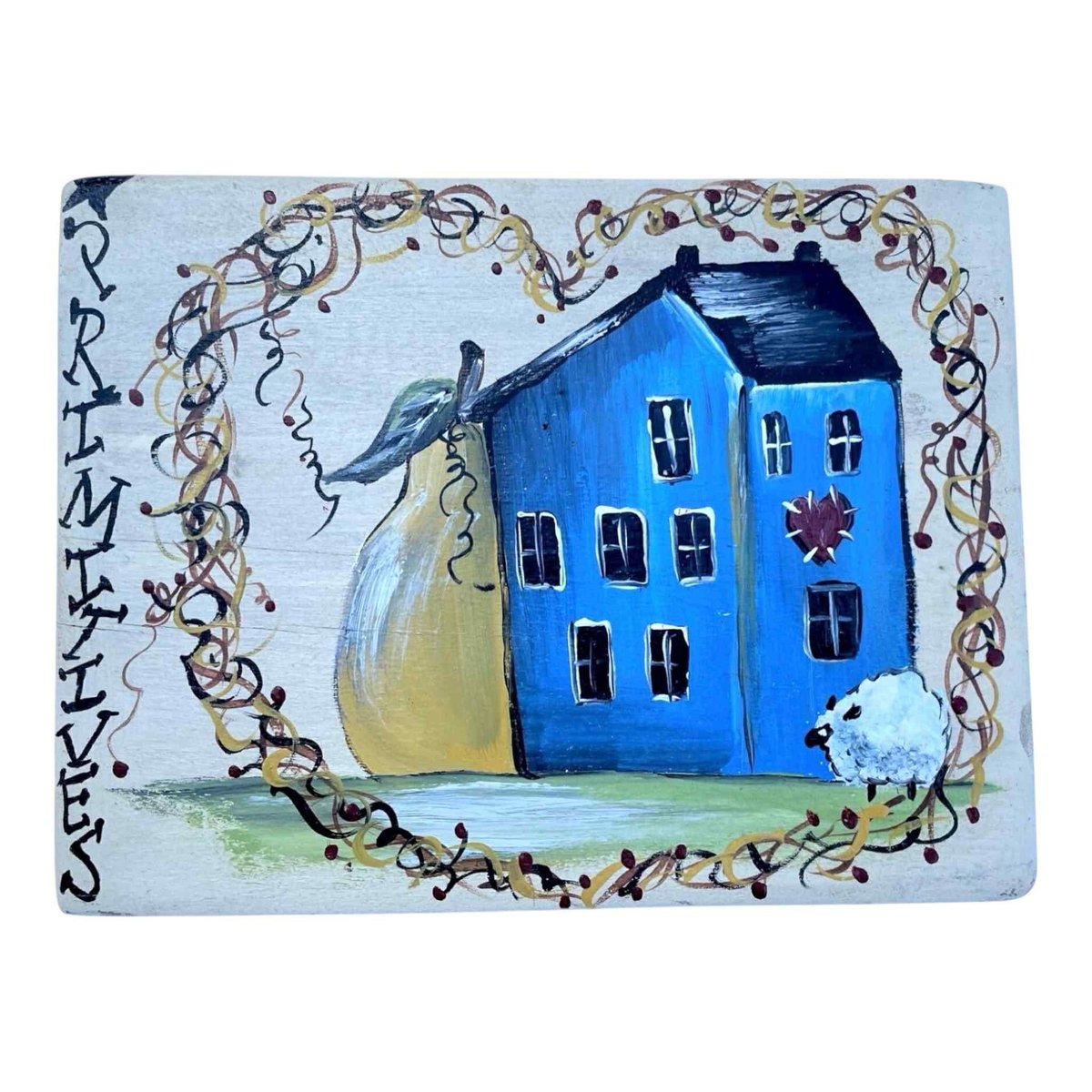 Primitive Blue Saltbox Sheep Wooden Shelf Sitter Sign