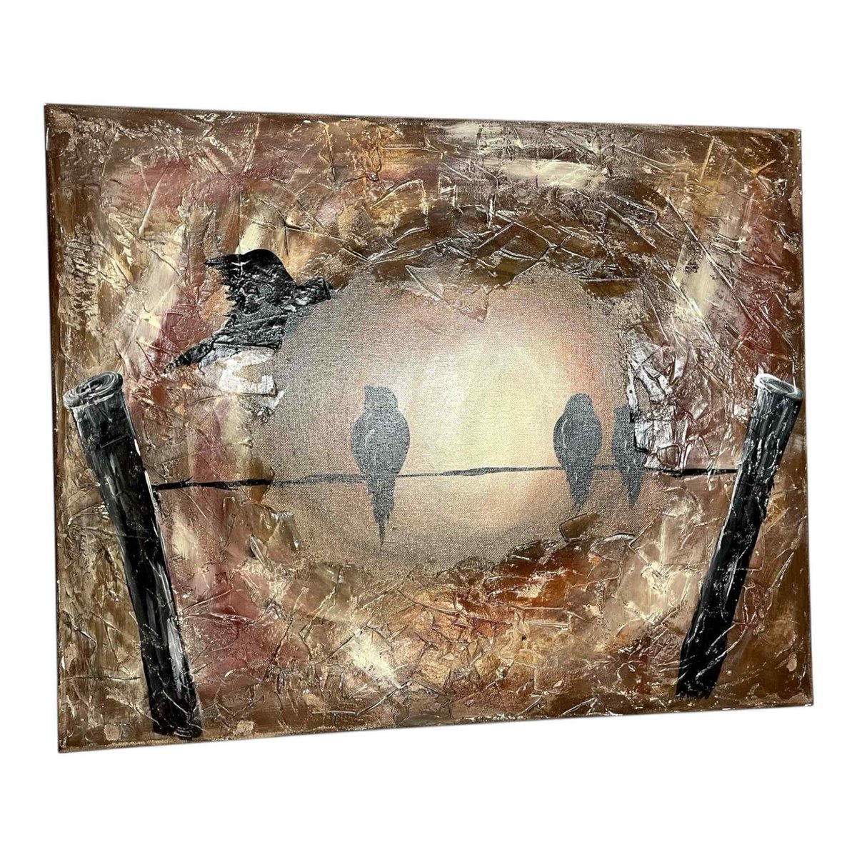 Textured Bird Silhouette Painting – Rustic Sunset Wall Art