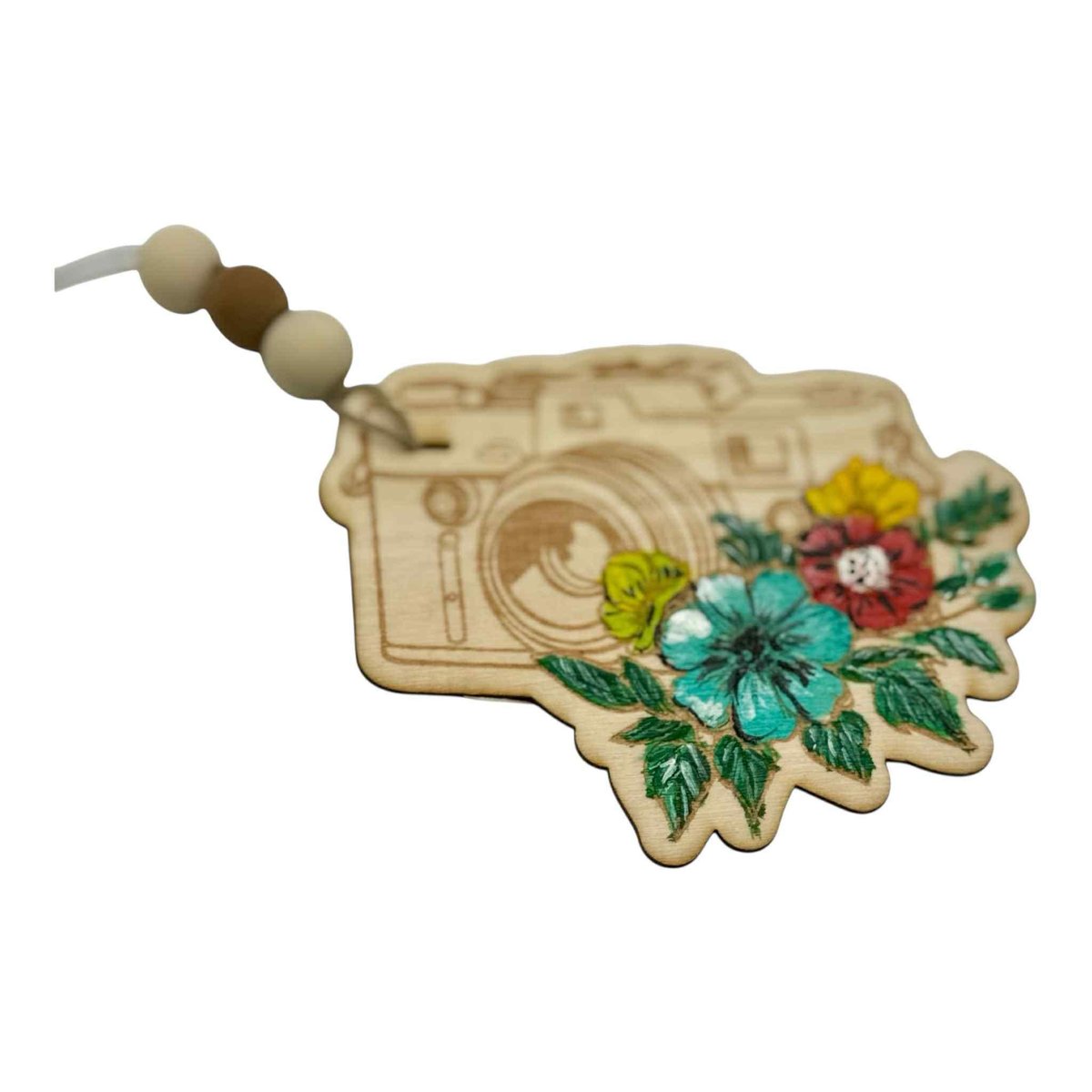 Floral Camera Design Photographer Wooden Hand Painted Christmas Tree Ornament