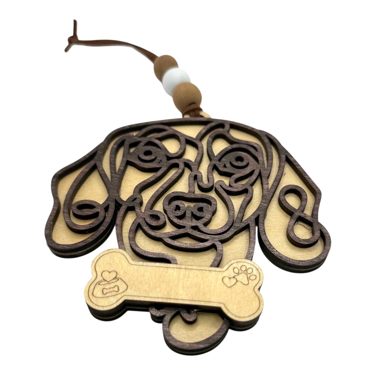 Dog Line Art Ornament – Wooden Dog Lover Christmas Ornament with Beads and Bone Detail | Handmade Pet Memorial or Gift