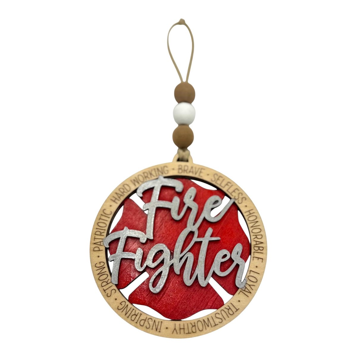 Hand-Painted Firefighter Ornament – Wooden Maltese Cross, First Responder Gift