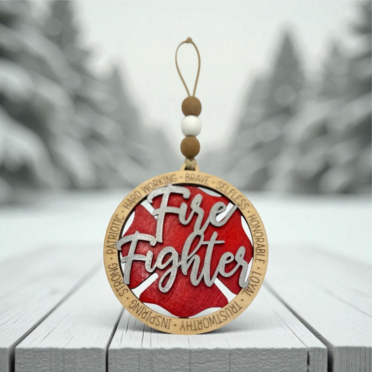 Hand-Painted Firefighter Ornament – Wooden Maltese Cross, First Responder Gift