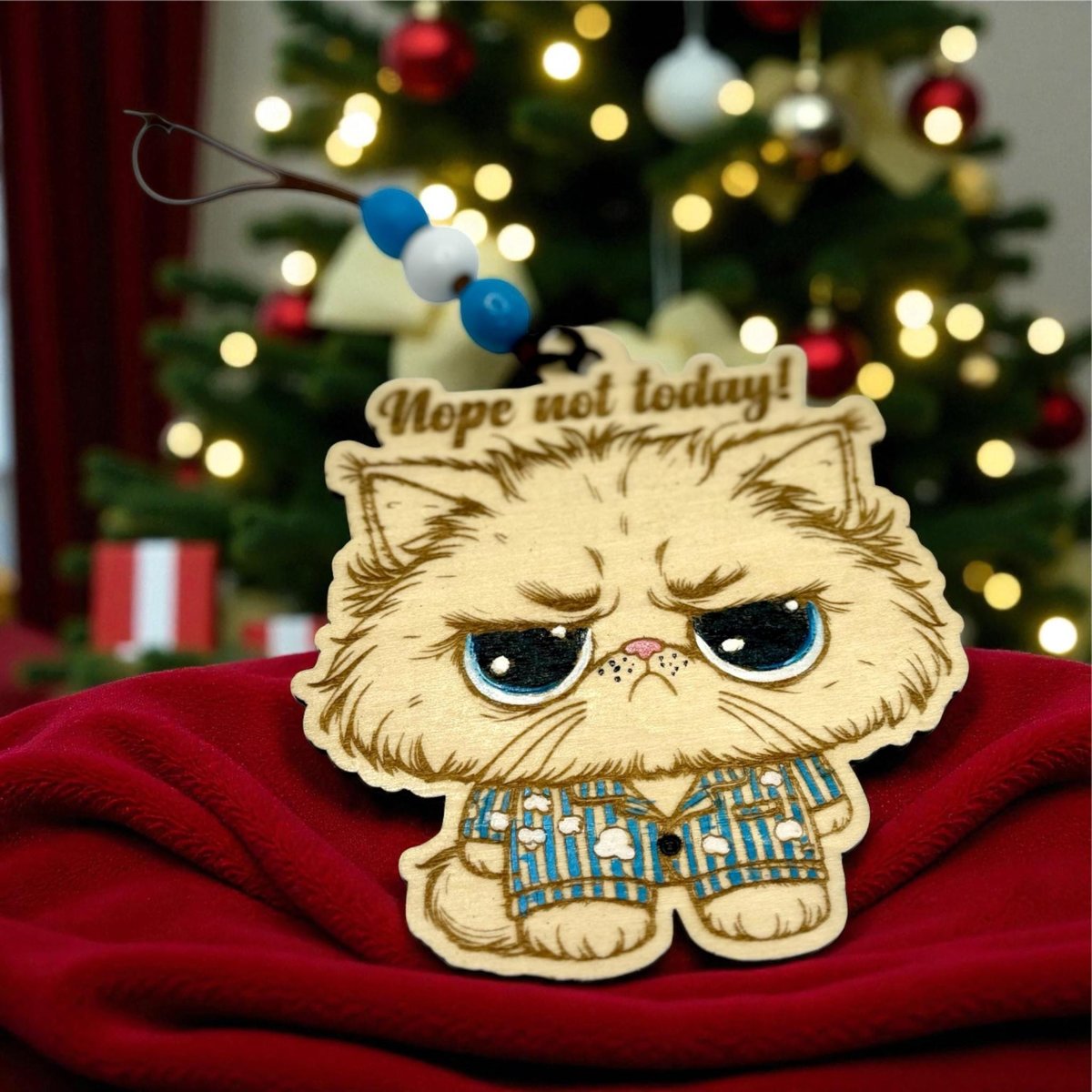 Funny Grouchy Cat Ornament – “Nope Not Today” Pajama Cat Christmas Ornament | Lazy Day Gift | Cute Cat Lover Decor | Handmade Wood Ornament