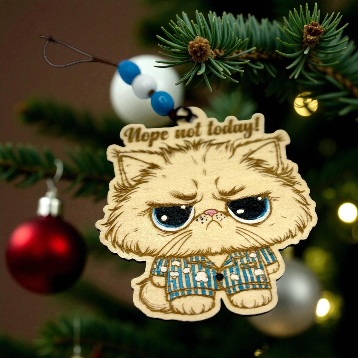 Funny Grouchy Cat Ornament – “Nope Not Today” Pajama Cat Christmas Ornament | Lazy Day Gift | Cute Cat Lover Decor | Handmade Wood Ornament