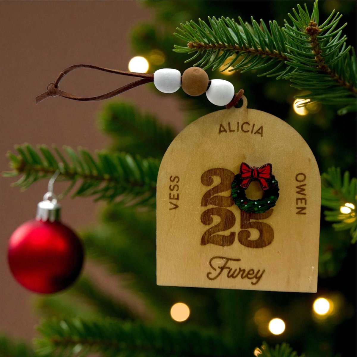 Personalized Family Ornament 2025 – Custom Name Christmas| Engraved Wood Family Keepsake | Rustic Holiday Decor | Custom Wreath Ornament