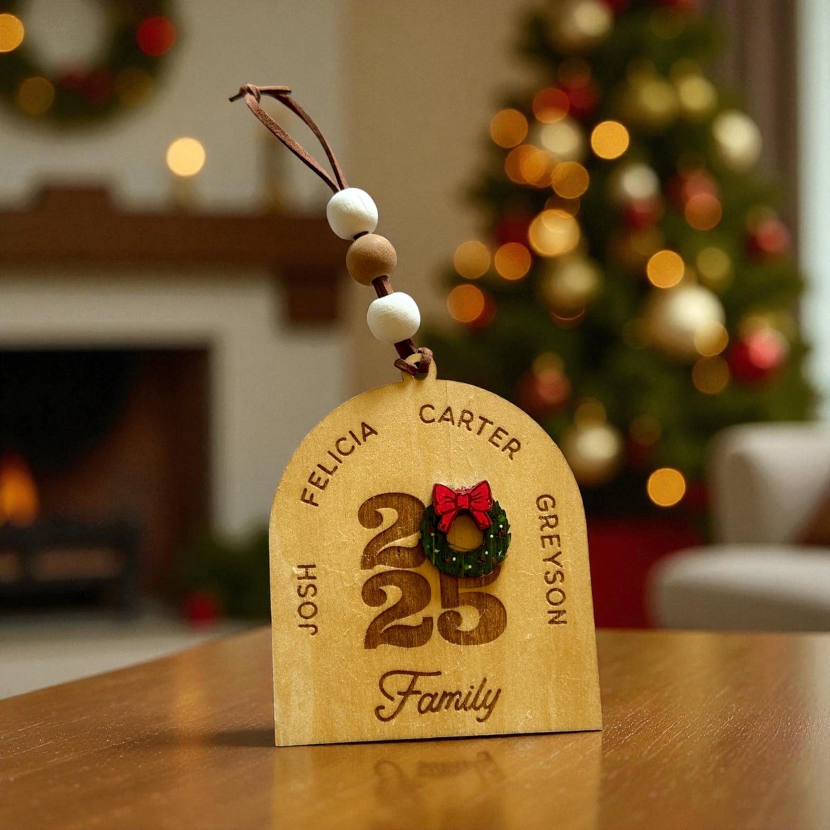 Personalized Family Ornament 2025 – Custom Name Christmas| Engraved Wood Family Keepsake | Rustic Holiday Decor | Custom Wreath Ornament