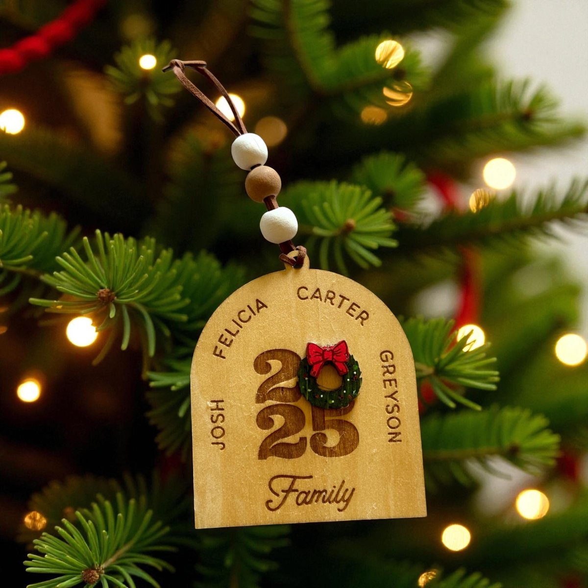 Personalized Family Ornament 2025 – Custom Name Christmas| Engraved Wood Family Keepsake | Rustic Holiday Decor | Custom Wreath Ornament