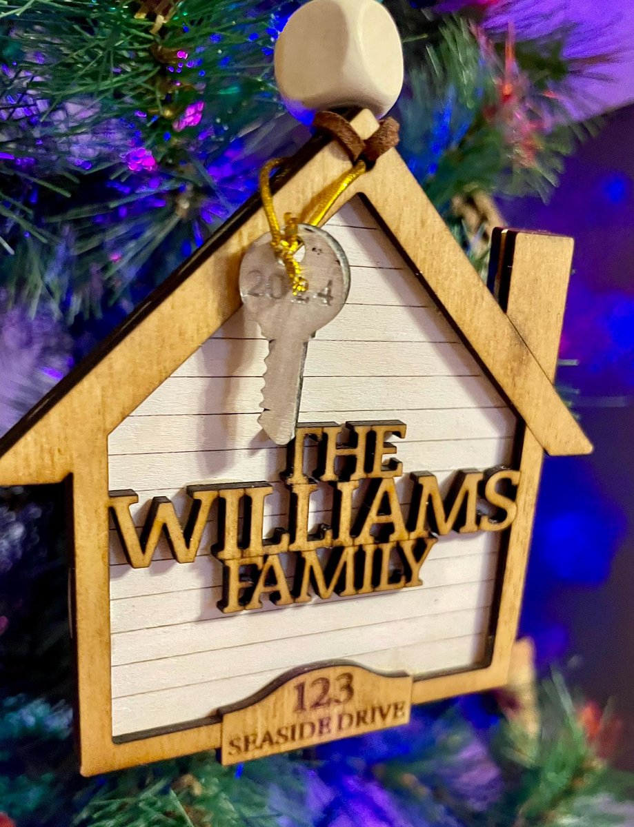 Personalized New Home Ornament – Custom Family Name Wooden House Ornament with Key & Beaded Hanger | First Home Gift | Housewarming Keepsake