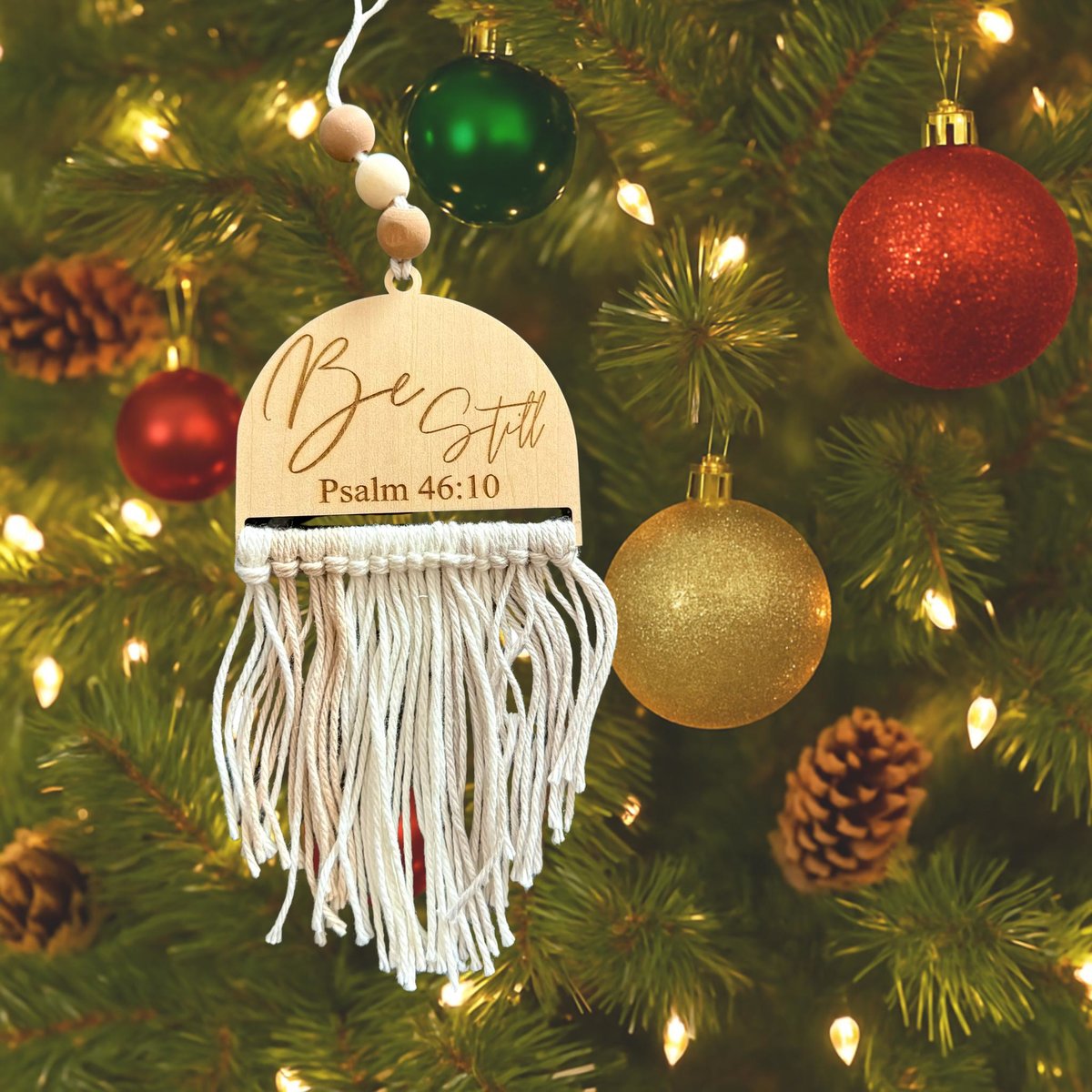 Be Still Psalm 46:10 Ornament – Christian Macrame Ornament w Wooden Engraved Top | Faith Ornament | Religious Gift | Inspirational Decor