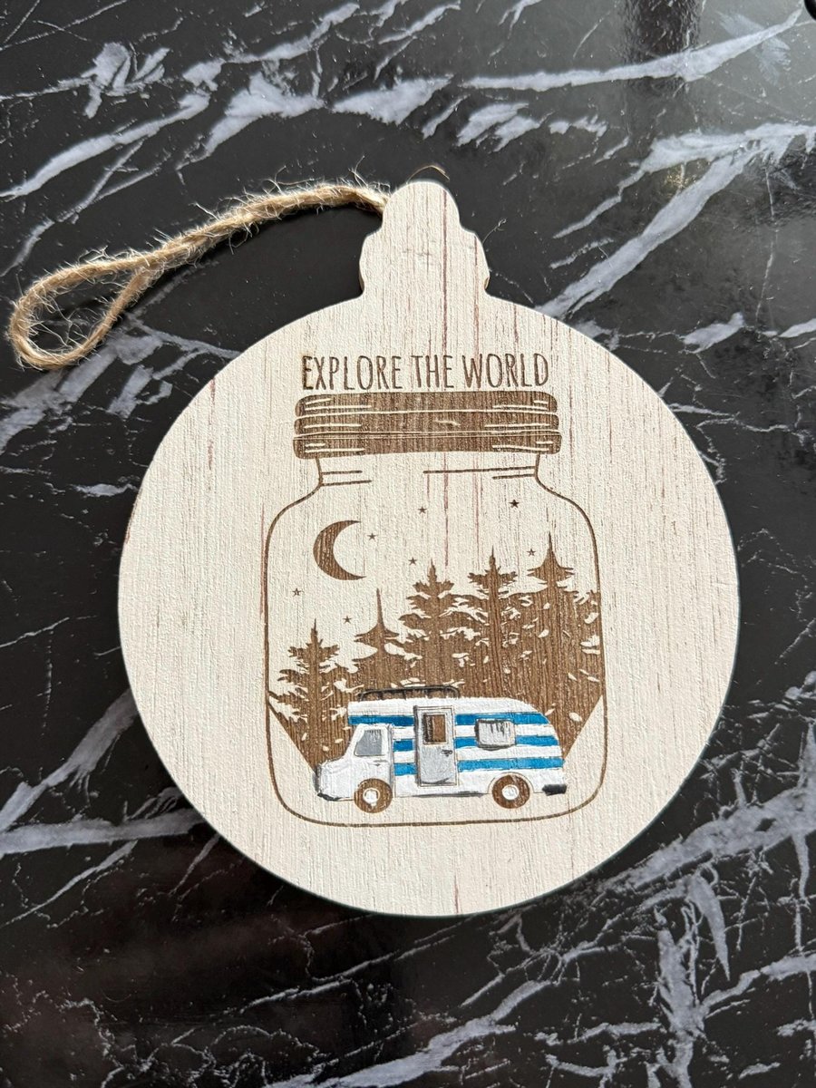 Explore the World Ornament – Camper in the Woods MDF | Travel Lover Gift | Adventure Christmas Ornament | Rustic Camper Tree Décor