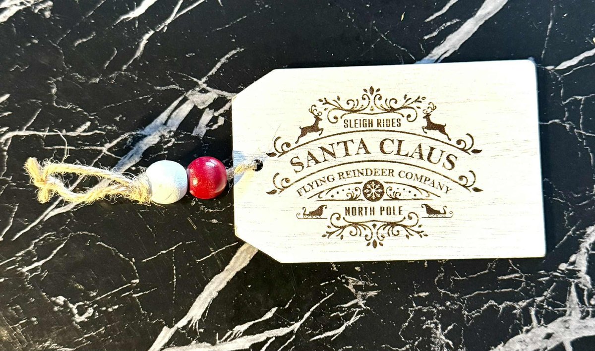 Santa Claus Reindeer Company Ornament – Rustic Wooden Tag w/North Pole Engraving & Beaded Twine Hanger | Farmhouse Christmas| Santa Tag