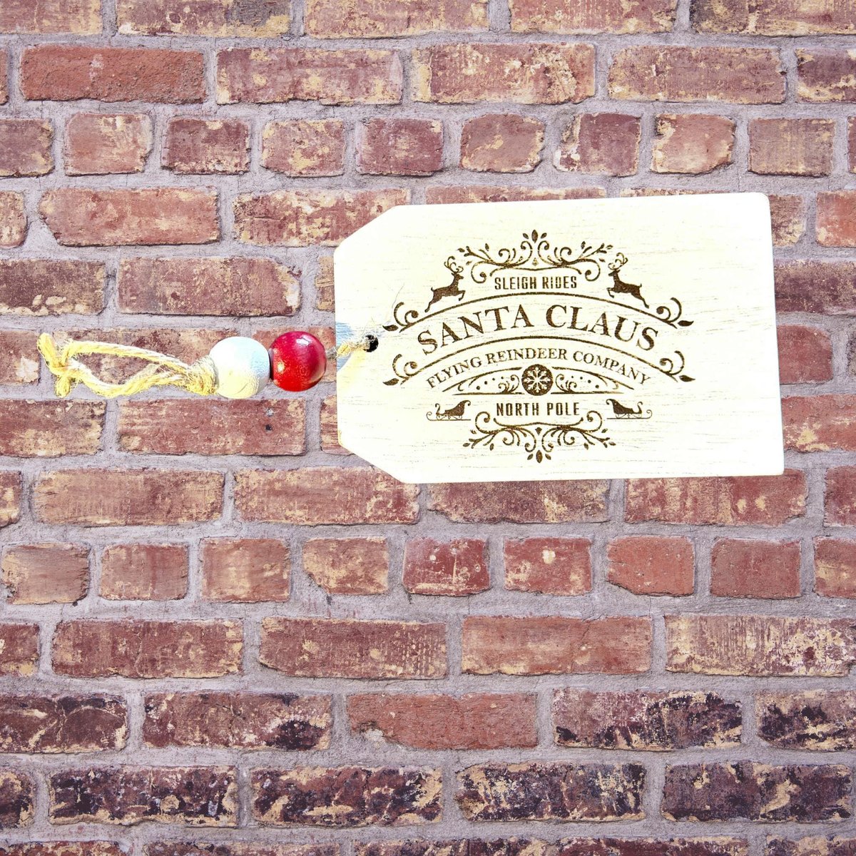 Santa Claus Reindeer Company Ornament – Rustic Wooden Tag w/North Pole Engraving & Beaded Twine Hanger | Farmhouse Christmas| Santa Tag