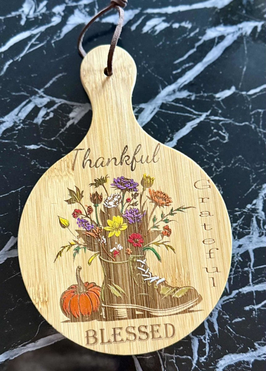 Thankful Grateful Blessed Mini Cutting Board – Fall Floral Boot Design, Rustic Bamboo Kitchen Decor, Thanksgiving Gift