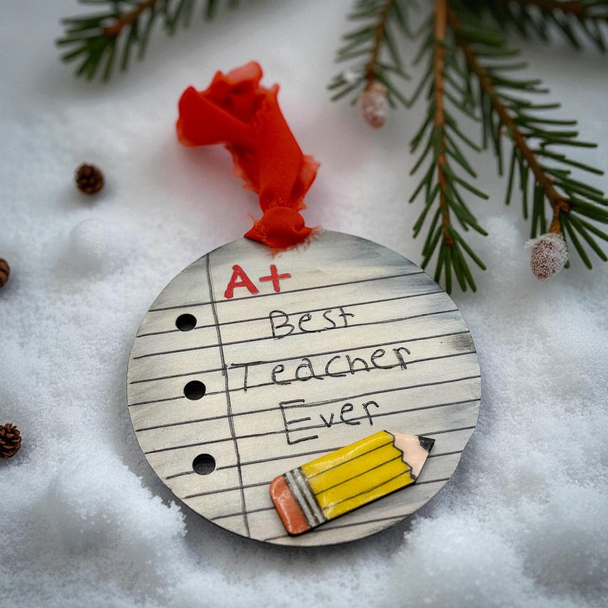 Best Teacher Ever Christmas Ornament – Hand-Painted Wooden Teacher Ornament with Pencil Design | Teacher Appreciation or End-of-Year Gift