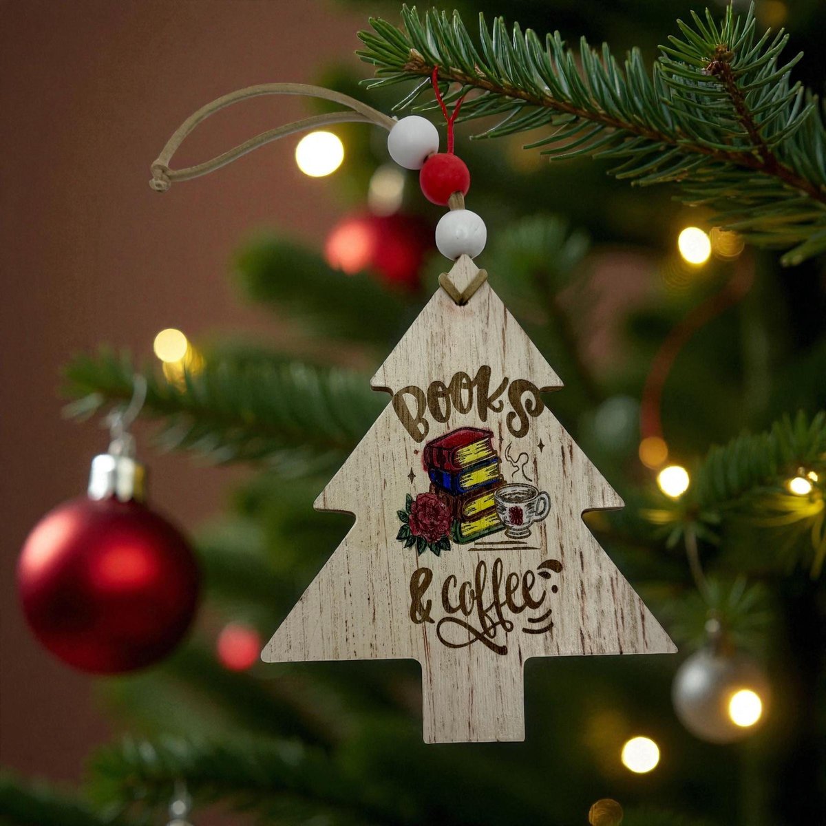 Books & Coffee Ornament – Rustic MDF Christmas Tree Ornament for Book Lovers, Reader Gift, Coffee Lover Decor, Bookworm Holiday Ornament