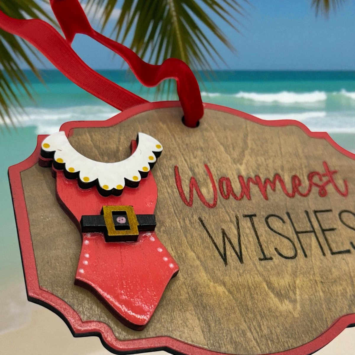 Warmest Wishes Ornament – Christmas Ornament with Santa Dress Design, Cute Holiday Decor, Fun Christmas Gift Tag, Red & Wood Ornament