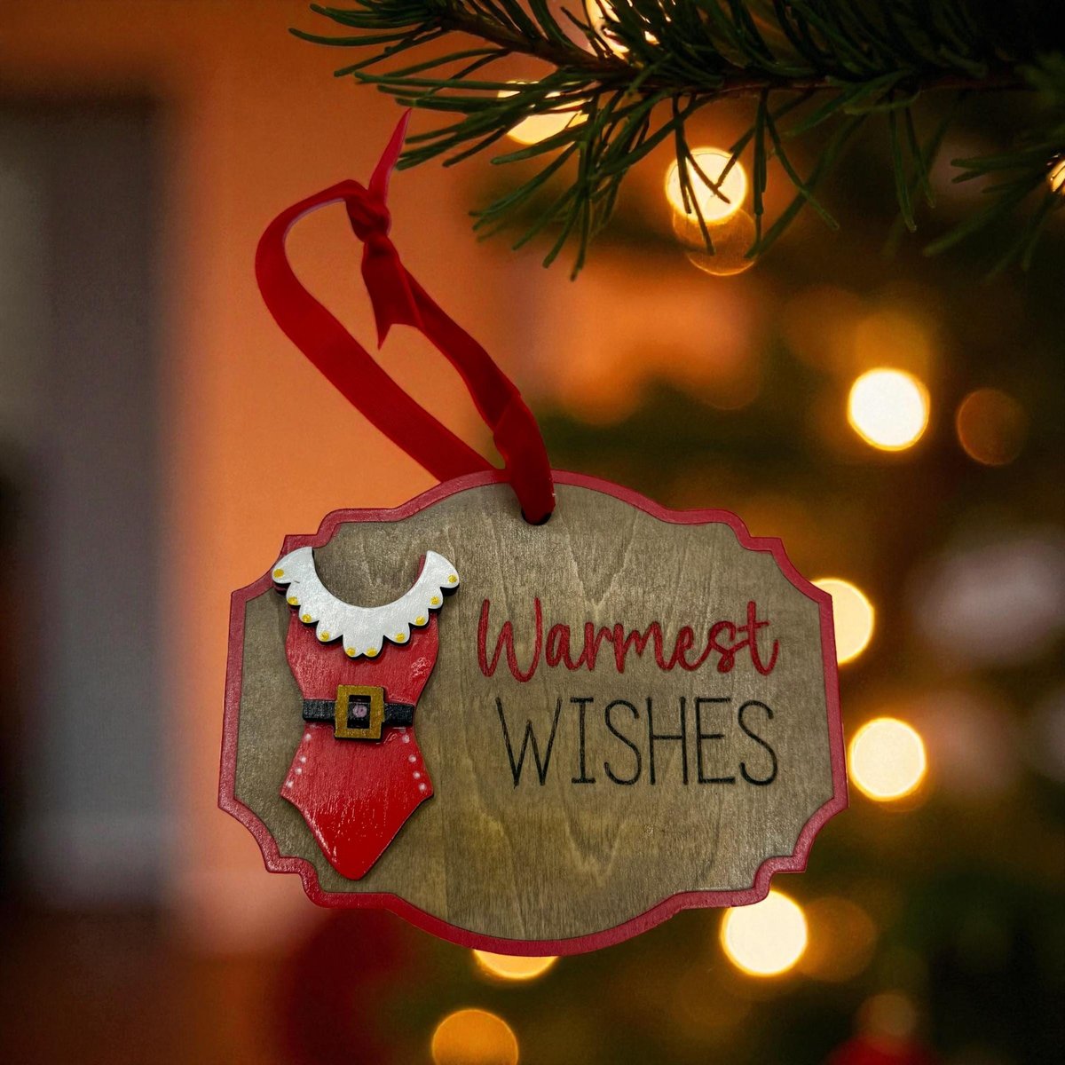 Warmest Wishes Ornament – Christmas Ornament with Santa Dress Design, Cute Holiday Decor, Fun Christmas Gift Tag, Red & Wood Ornament
