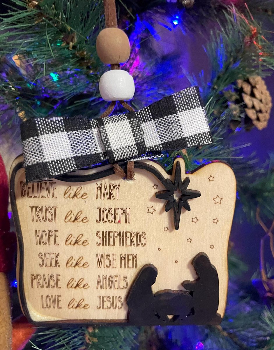 Nativity Christmas Ornament “Believe Like Mary, Trust Like Joseph” Wooden w/ Bow & Beaded Hanger Christian Holiday Gift | Religious Décor
