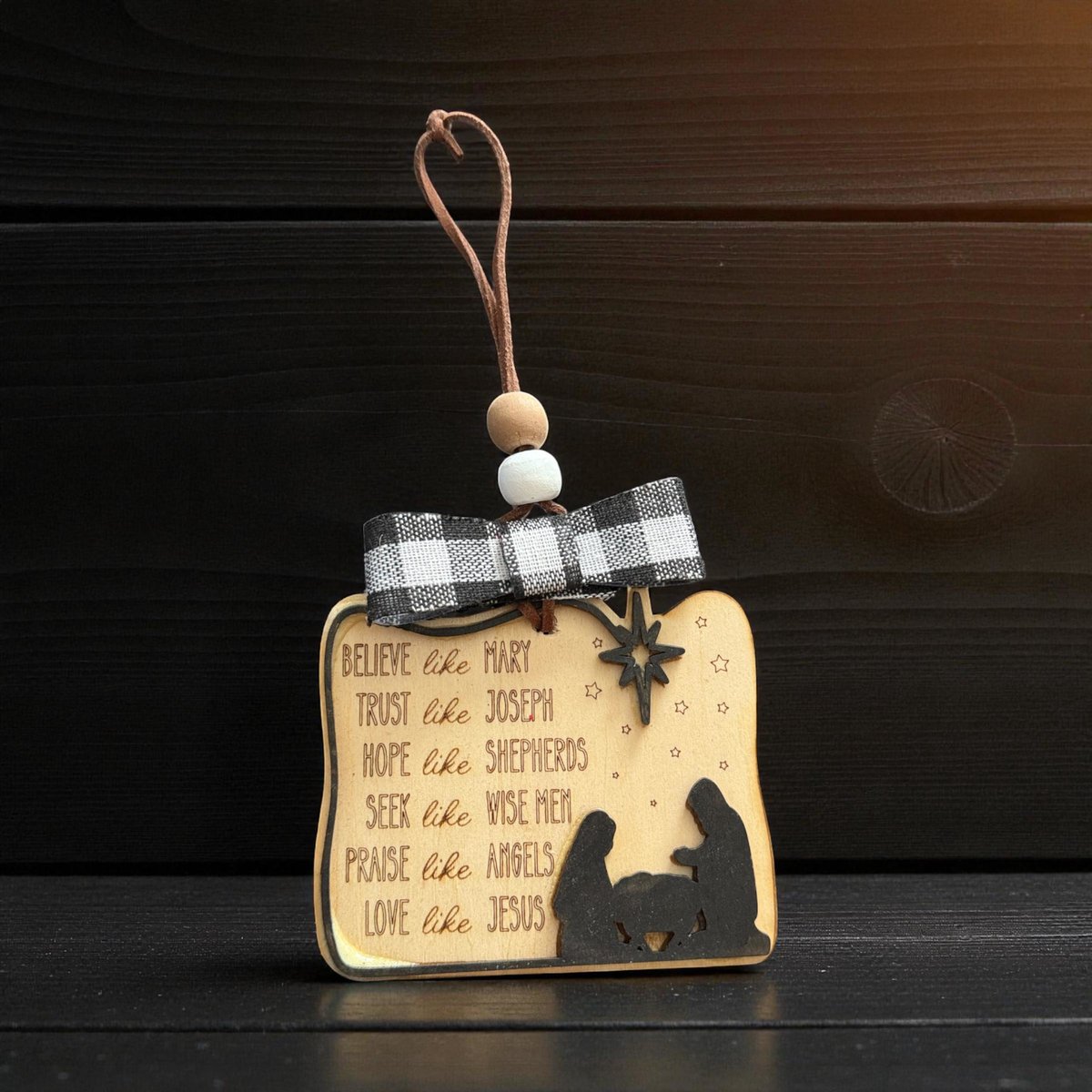 Nativity Christmas Ornament “Believe Like Mary, Trust Like Joseph” Wooden w/ Bow & Beaded Hanger Christian Holiday Gift | Religious Décor