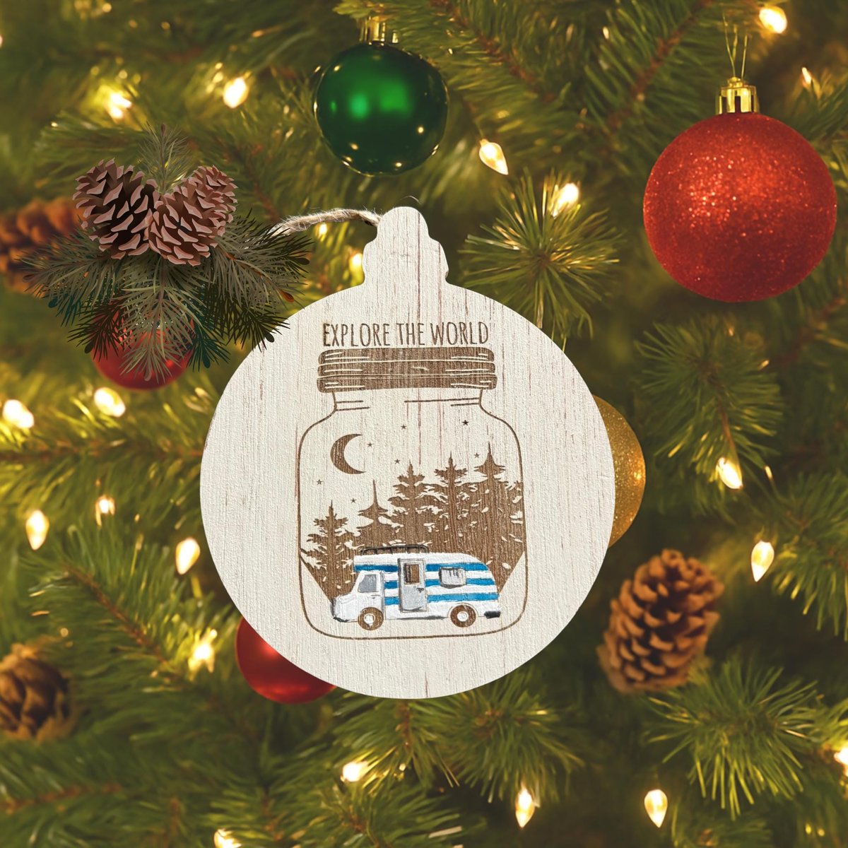 Explore the World Ornament – Camper in the Woods MDF | Travel Lover Gift | Adventure Christmas Ornament | Rustic Camper Tree Décor