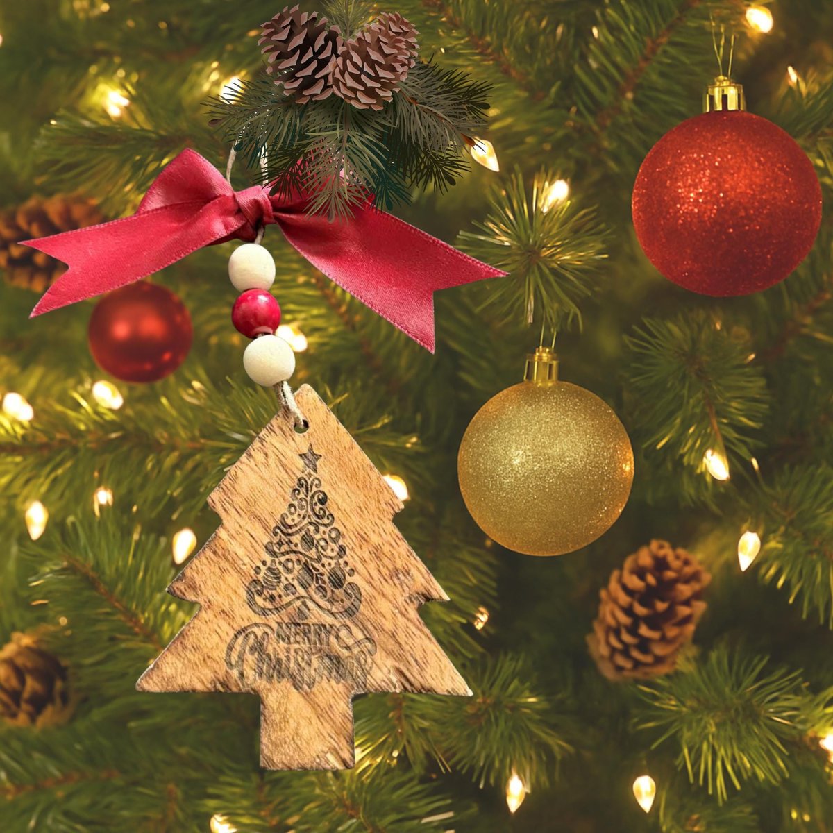 Rustic Wooden Christmas Tree Ornament “Merry Christmas” Engraved Tree w/ Red Bow & Beaded Hanger | Farmhouse Holiday Décor | Wooden Tree Tag