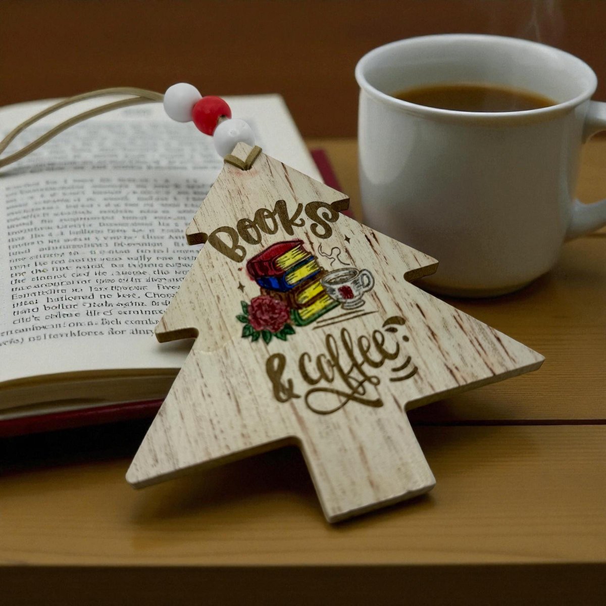 Books & Coffee Ornament – Rustic MDF Christmas Tree Ornament for Book Lovers, Reader Gift, Coffee Lover Decor, Bookworm Holiday Ornament