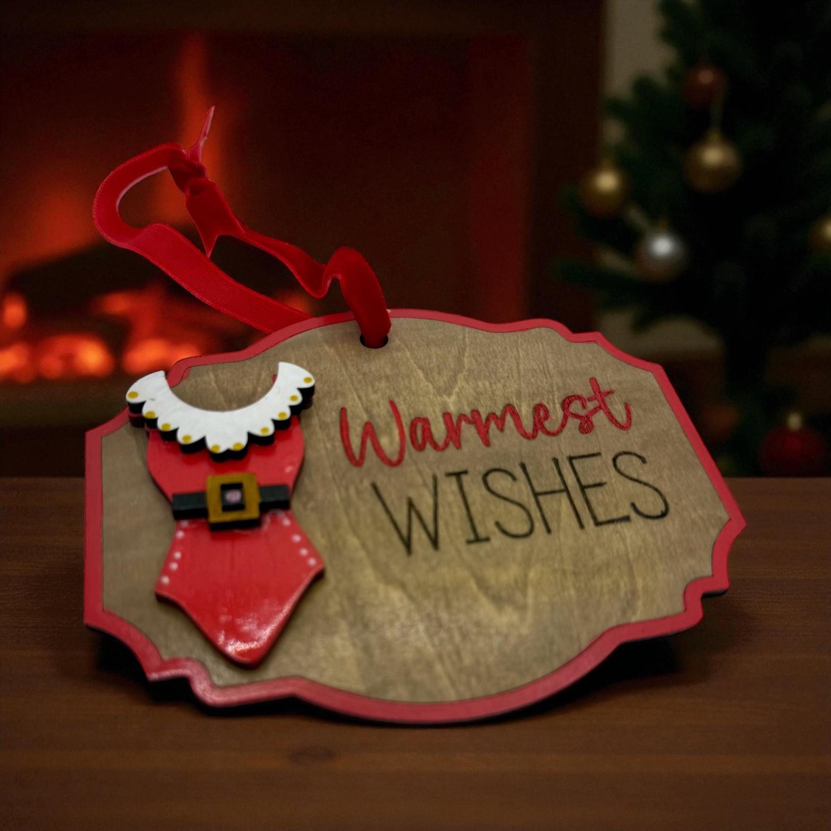 Warmest Wishes Ornament – Christmas Ornament with Santa Dress Design, Cute Holiday Decor, Fun Christmas Gift Tag, Red & Wood Ornament