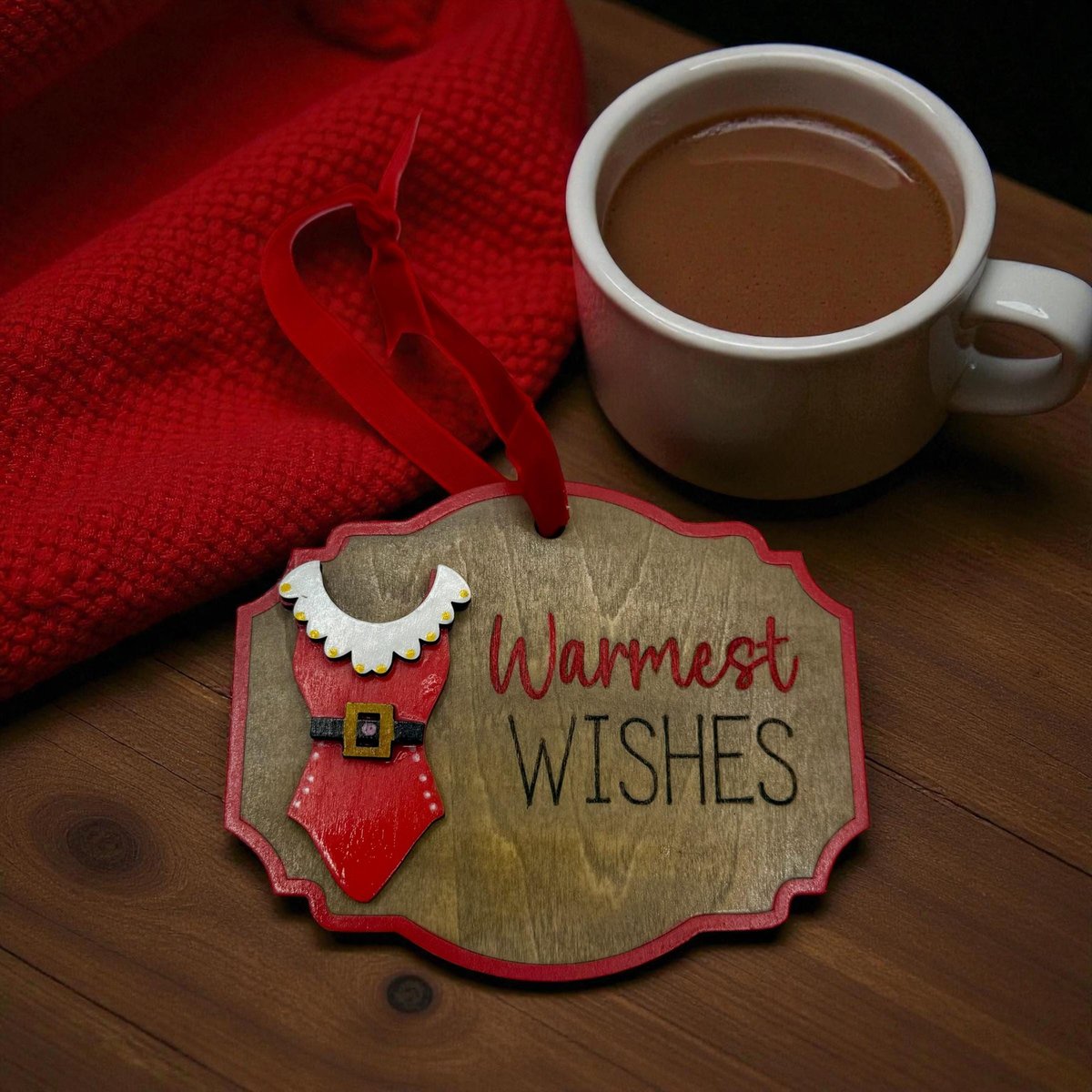 Warmest Wishes Ornament – Christmas Ornament with Santa Dress Design, Cute Holiday Decor, Fun Christmas Gift Tag, Red & Wood Ornament
