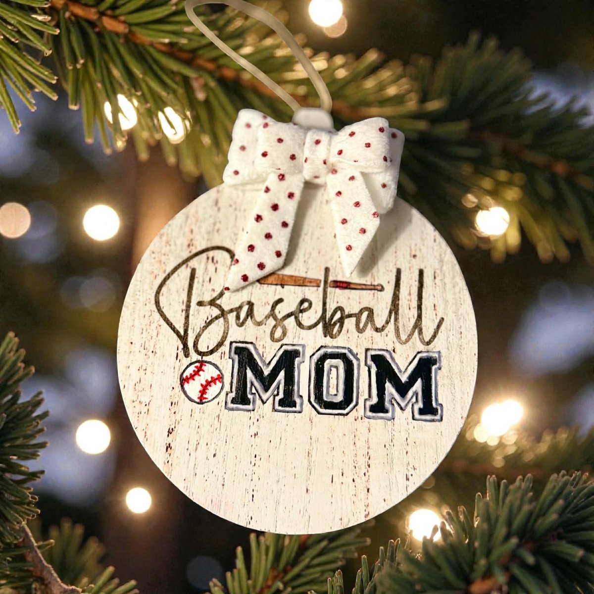 Baseball Mom Ornament – Rustic MDF Baseball Christmas Ornament with Bow, Sports Mom Gift, Team Mom Tree Decor, Handmade Baseball Gift