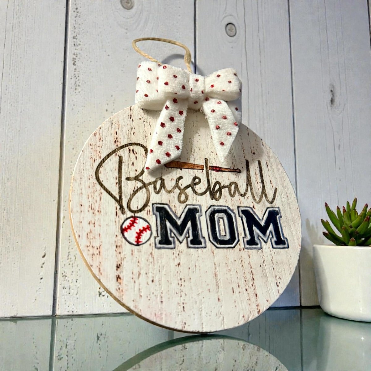 Baseball Mom Ornament – Rustic MDF Baseball Christmas Ornament with Bow, Sports Mom Gift, Team Mom Tree Decor, Handmade Baseball Gift