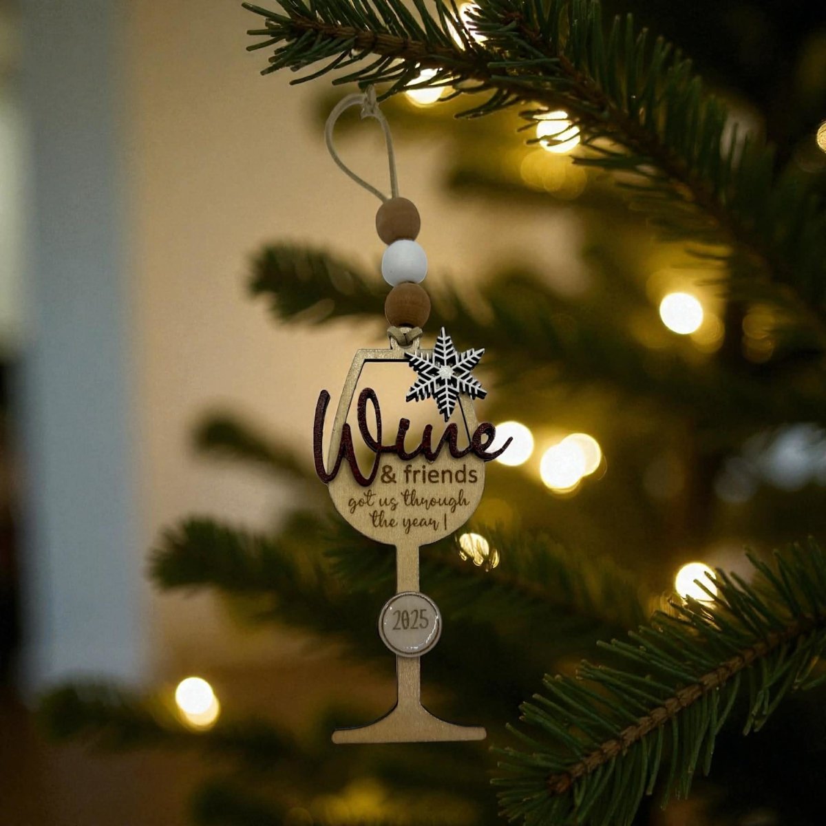 Wine Ornament | Wine & Friends Got Me Through the Year | Funny Wine Lover Gift | Wooden Wine Glass/ Friend Gift | Wine Decor