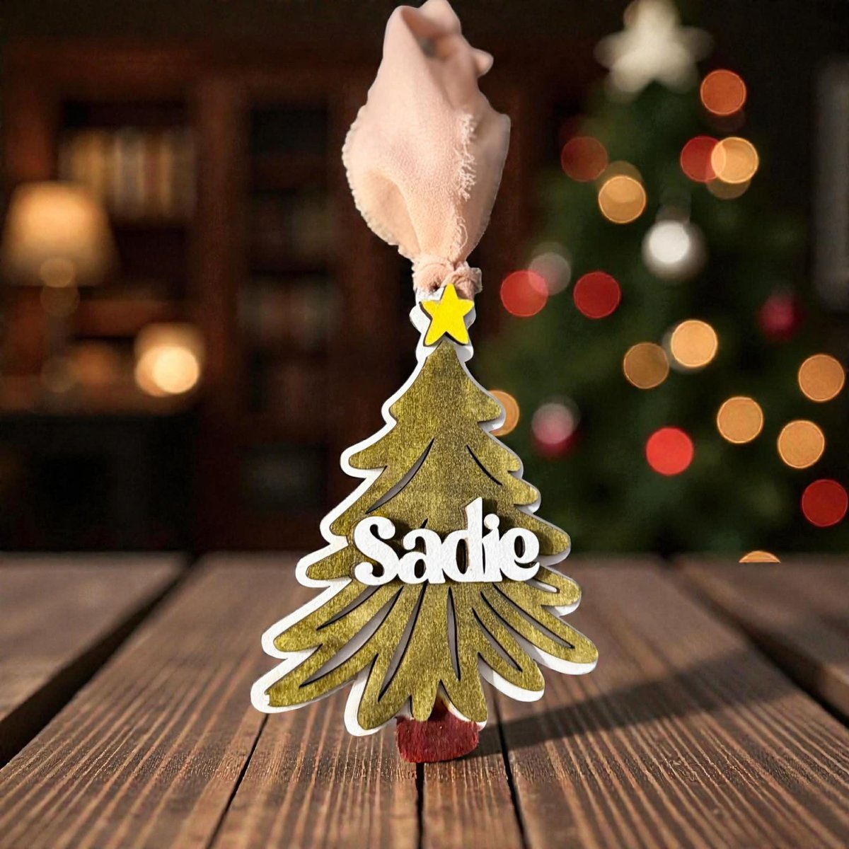 Custom Name Tree Ornament – Kids Christmas Gift – Wooden Layered Ornament with Star – Holiday Keepsake Decoration”